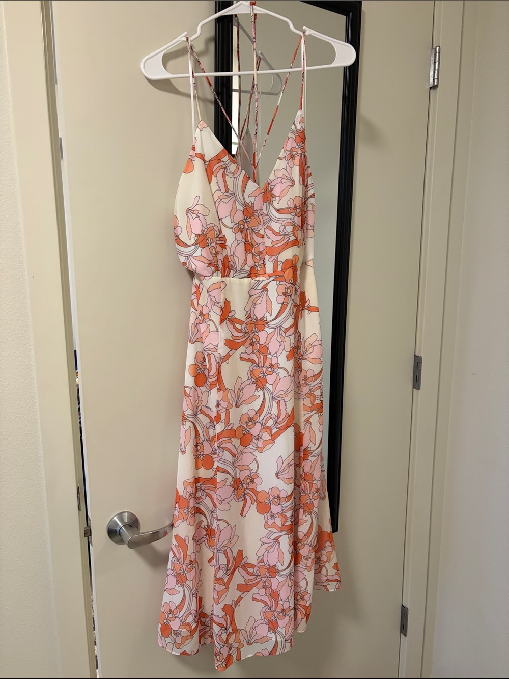 Reiss Cream Floral Midi Dress with Pink & Orange Print